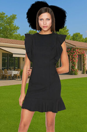 Feminen Mini Elbise Bisiklet Yaka Fırfır Detaylı Bodycon Polyester Kaliteli İşçilik