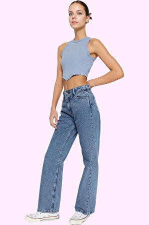 Kadın Pamuk Denim Jean Yüksek Bel Geniş Paça Günlük ve Şık Stil Yaz Aylarının Vazgeçilmezi