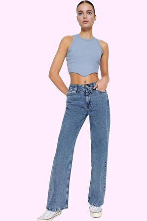 Kadın Pamuk Denim Jean Yüksek Bel Geniş Paça Günlük ve Şık Stil Yaz Aylarının Vazgeçilmezi