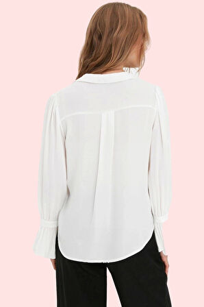 Kadın Dokuma Gömlek İspanyol Kol Düz Desen Regular Kalıp İş ve Günlük Kullanım İçin Hafta Sonu