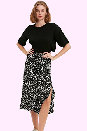 Kadın Yüksek Bel A line Midi Etek Çiçekli Desenli Örme Kumaş Rahat Yaz Aylarının Vazgeçilmezi