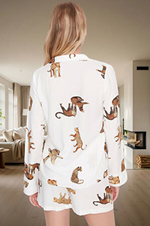 Rahat ve Şık 100% Viskon Kaplan Desenli Pijama Takımı Uzun Ömürlü Görünüm Günlük Kullanım İçin