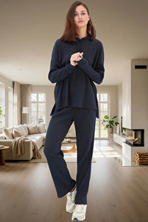 Rahat Örme Pijama Takımı Kapüşonlu Uzun Kollu 2 Parça Kullanım Mükemmel Uyum