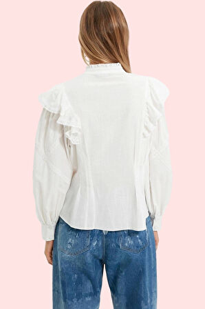 Kadın Aplike Detaylı Balon Kol Uzun Kollu Pamuk Gömlek Günlük Şıklık Yaz Aylarının Vazgeçilmezi