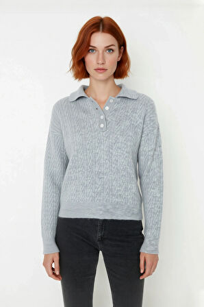 Kadın Oversize Triko Polo Yaka Saç Örgü Düşük Kollu Rahat Kışlık Basic Stil Kazak Kaliteli