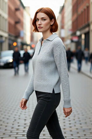 Kadın Oversize Triko Polo Yaka Saç Örgü Düşük Kollu Rahat Kışlık Basic Stil Kazak Kaliteli