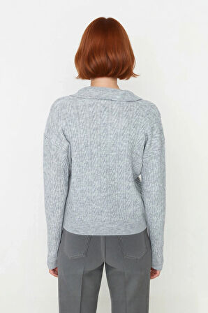 Kadın Oversize Triko Polo Yaka Saç Örgü Düşük Kollu Rahat Kışlık Basic Stil Kazak Kaliteli