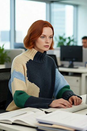 Kadın Şık Dik Yaka Oversize Renk Bloklu Düşük Kol Uzun Triko Kazak Kış Modasına Yeni Bir Soluk