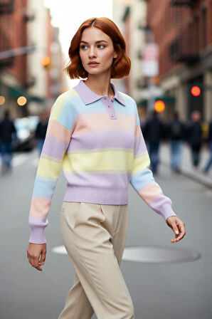 Kadın Pastel Tonlarda Renk Bloklu Polo Yaka Düşük Kol Uzun Kollu Akrilik Triko Kazak Şık ve Rahat