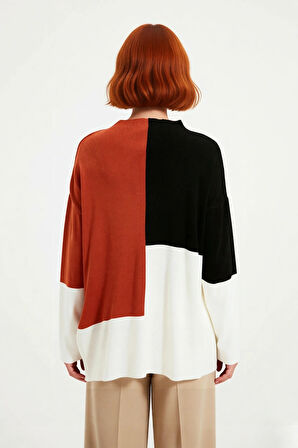 Kadınlar İçin Dik Yaka Relaxed Kesim Renk Bloklu Akrilik Triko Kazak Günlük Kullanım Kaliteli