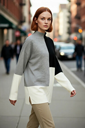 Kadınlar İçin Dik Yaka Relaxed Kesim Renk Bloklu Akrilik Triko Kazak Günlük Kullanım Kaliteli