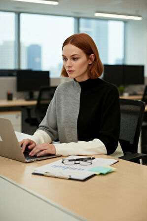 Kadınlar İçin Dik Yaka Relaxed Kesim Renk Bloklu Akrilik Triko Kazak Günlük Kullanım Kaliteli