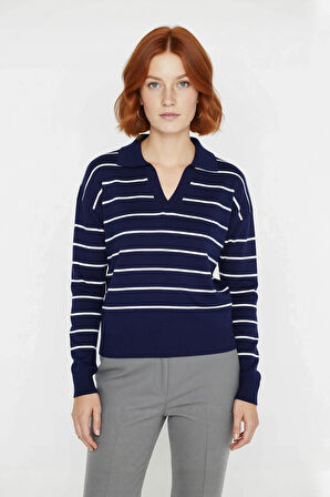 Kadın Lacivert Çizgili Polo Yaka Triko Kazak Akrilik Düşük Kol Rahat Basic Günlük Giyim Kaliteli