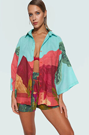 Yazlık Plaj Takımı Manzara Desenli Pamuklu Gömlek Şort Regular Kalıp Yüksek Kalite Premium