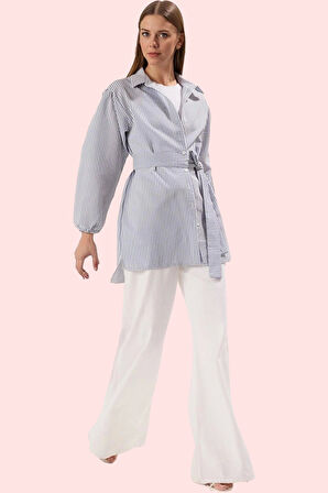 Kadın Çizgili Kuşaklı Gömlek Uzun Kollu Yazlık Rahat Günlük Hafta Sonu Yaz Aylarının Vazgeçilmezi