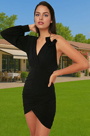 Şık Tek Omuzlu Uzun Kollu Mini Abiye Elbise Polyester Elastan Özel Tasarım Özenle Seçilmiş