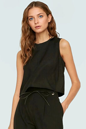 Regular Kalıp Polyester Crop Bluz Bisiklet Yaka Aerobin Dokuma Yazlık Yüksek Kalite