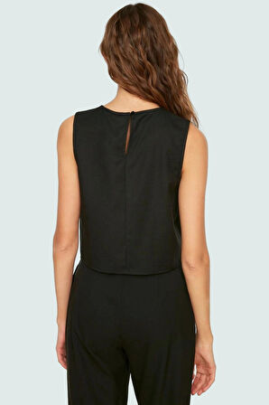 Regular Kalıp Polyester Crop Bluz Bisiklet Yaka Aerobin Dokuma Yazlık Yüksek Kalite