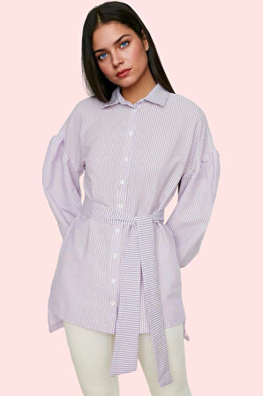 Kadın Çizgili Kuşaklı Gömlek Uzun Kollu Yazlık Rahat Günlük Hafta Sonu Yaz Aylarının Vazgeçilmezi