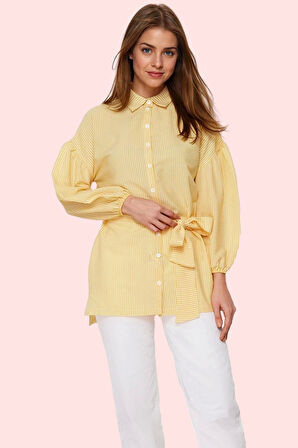 Kadın Çizgili Kuşaklı Gömlek Uzun Kollu Yazlık Rahat Günlük Hafta Sonu Yaz Aylarının Vazgeçilmezi