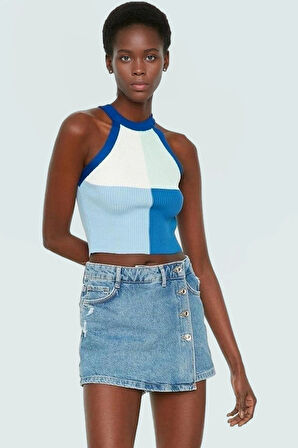 Renk Bloklu Triko Crop Bluz Halter Yaka Yazlık Polyester Günlük Konforlu Kesim Dayanıklı Malzeme