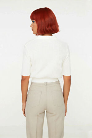 Kadın Basic Koleksiyon Akrilik Materyal Düz Desen Polo Yaka Kısa Kol Rahat Crop Bluz Günlük