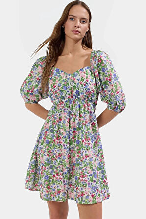 Yazlık Çok Çiçekli Mini Skater Elbise Hafif Polyester Kumaş Belden Kaliteli İşçilik