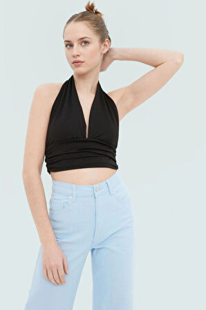 Vücuda Oturan Crop Bluz Boyundan Bağlamalı Örme Kumaş Modern Stil Premium Kalite