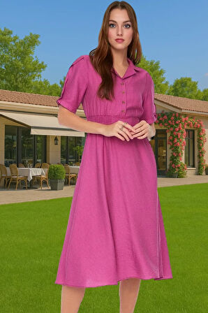 A Kesim Gipeli Midi Elbise Balon Kol Viskoz Günlük Kombin Uzun Ömürlü Özenle Seçilmiş Mükemmel Uyum