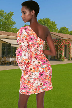 Asimetrik Yaka Çiçekli Poplin Mini Elbise Bodycon Kalıp Mükemmel Uyum Şık Görünüm Rahat Kullanım