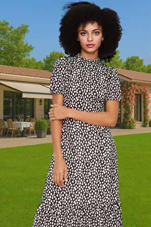 Şık A Kesim Midi Elbise Balon Kol Polyester Dokuma Yazlık Konforlu Kesim Rahat Ve Şık Seçkin Malzeme