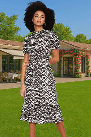 Şık A Kesim Midi Elbise Balon Kol Polyester Dokuma Yazlık Konforlu Kesim Rahat Ve Şık Seçkin Malzeme