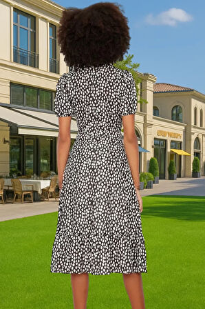 Şık A Kesim Midi Elbise Balon Kol Polyester Dokuma Yazlık Konforlu Kesim Rahat Ve Şık Seçkin Malzeme