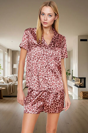 Rahat Yazlık Pijama Takımı Leopar Desenli Saten Şortlu Gömlek Premium Kalite Şık Görünüm