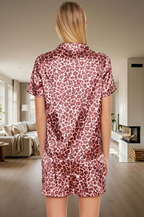 Rahat Yazlık Pijama Takımı Leopar Desenli Saten Şortlu Gömlek Premium Kalite Şık Görünüm