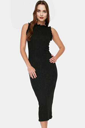 Pamuklu Elastan Bodycon Midi Elbise Büzgülü Kollu Rahat Günlük Kombin Zarifane Tasarım