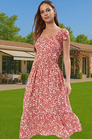 A Kesim Midi Boy Shally Dokuma Viskoz Elbise Kare Yaka Mükemmel Uyum Özenle Seçilmiş Uzun Ömürlü