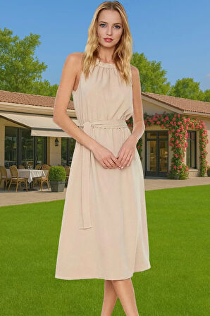 Şık Halter Yaka Midi Viskoz Elbise A Kesim Kuşak Detayı ile Dayanıklı Malzeme Dayanıklı Malzeme