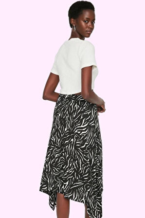 Kadın Yüksek Bel Midi Etek Zebra Desenli Asimetrik Kesim Örme Kumaş Günlük Kombin Hafta Sonu