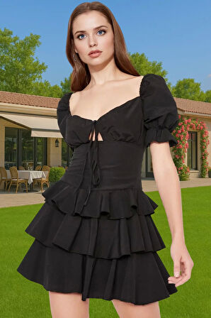 Şık A Kesim Mini Elbise Balon Kol Detaylı Poplin Kumaş Uzun Ömürlü Özenle Seçilmiş Şık Görünüm