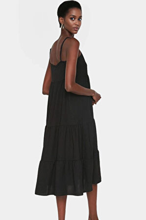 Polyester Dokuma Midi Elbise Renk Skater Kalıp Kolsuz Belden Açılan Etek Mükemmel Uyum