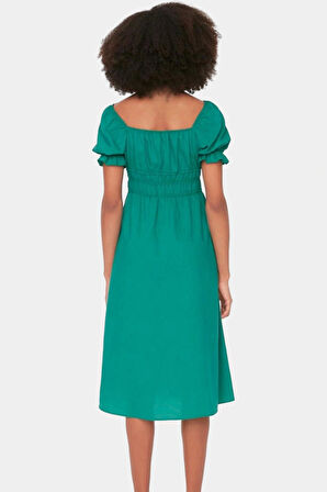 Rahat ve Şık Pamuk Karışımlı Kadın Skater Elbise Belden Açılan Etek Kare Yaka Günlük Kullanım İçin