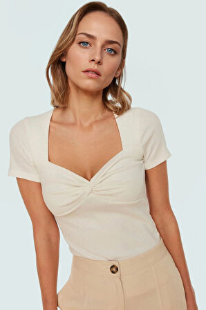 Kısa Kollu Örme Bluz Rahat Kalıp Kalp Yaka Yazlık Günlük Stil Özenle Seçilmiş