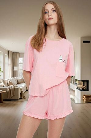 Rahat Yazlık Pijama Takımı Kısa Kollu Tişört ve Şort Pamuklu Örme Kumaş Özenle Seçilmiş