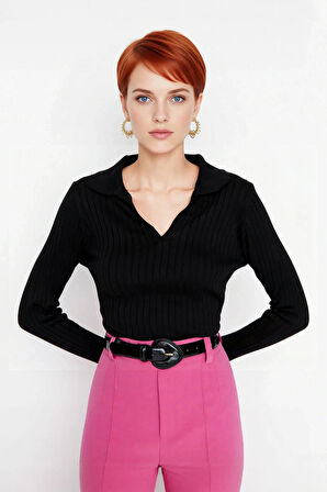 Kadınlara Özel Basic Regular Kesim Polo Yaka Fitilli Triko Kazak Modern ve Konforlu Stil Kaliteli