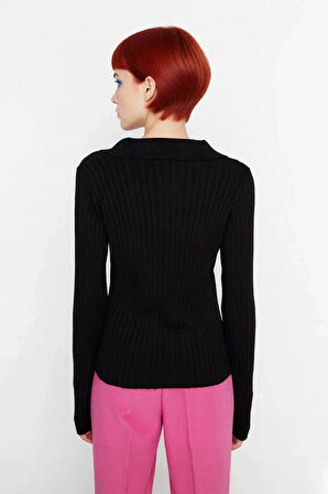 Kadınlara Özel Basic Regular Kesim Polo Yaka Fitilli Triko Kazak Modern ve Konforlu Stil Kaliteli