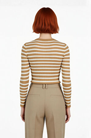 Kadın Çizgili Triko Fitted Uzun Kol Bisiklet Yaka Akrilik Basic Casual Günlük Kazak Kaliteli