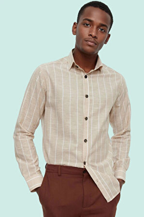 Erkek Çizgili Dokuma Gömlek Yaka Günlük ve İş Hayatına Uygun Hafta Sonu Yaz Aylarının Vazgeçilmezi