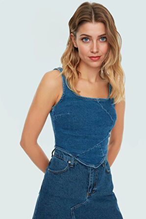 Pamuklu Denim Bluz Crop Kesim Kare Yaka Yazlık Kaliteli İşçilik Zarifane Tasarım