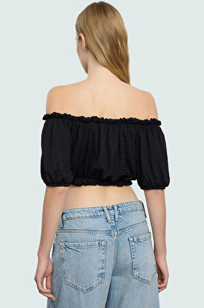 Kadın Polyester Bürümcük Dokuma Crop Bluz Carmen Yaka Kısa Kol Özel Tasarım Zarifane